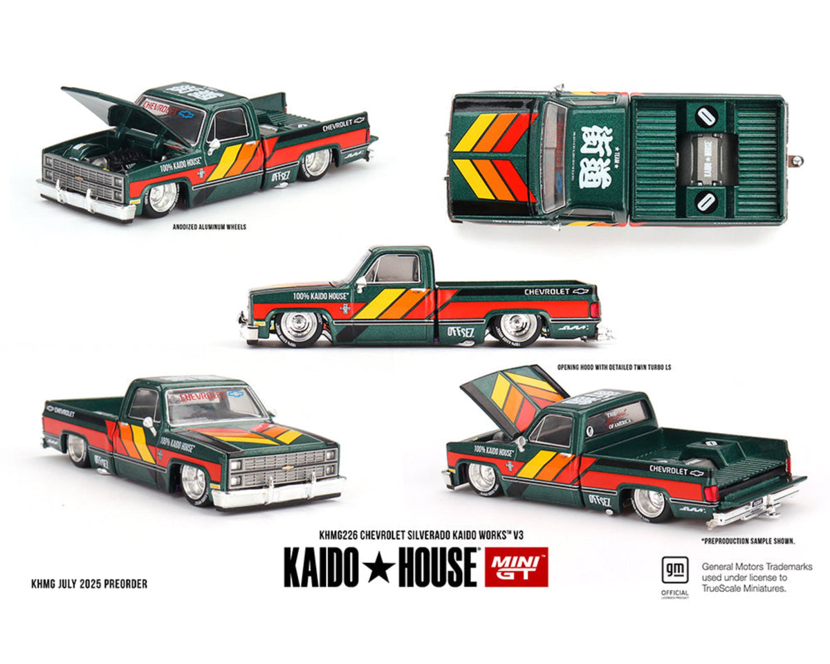 Kaido House x Mini GT 1:64 Chevrolet Silverado KAIDO WORKS V3 -Dark Green KHMG226