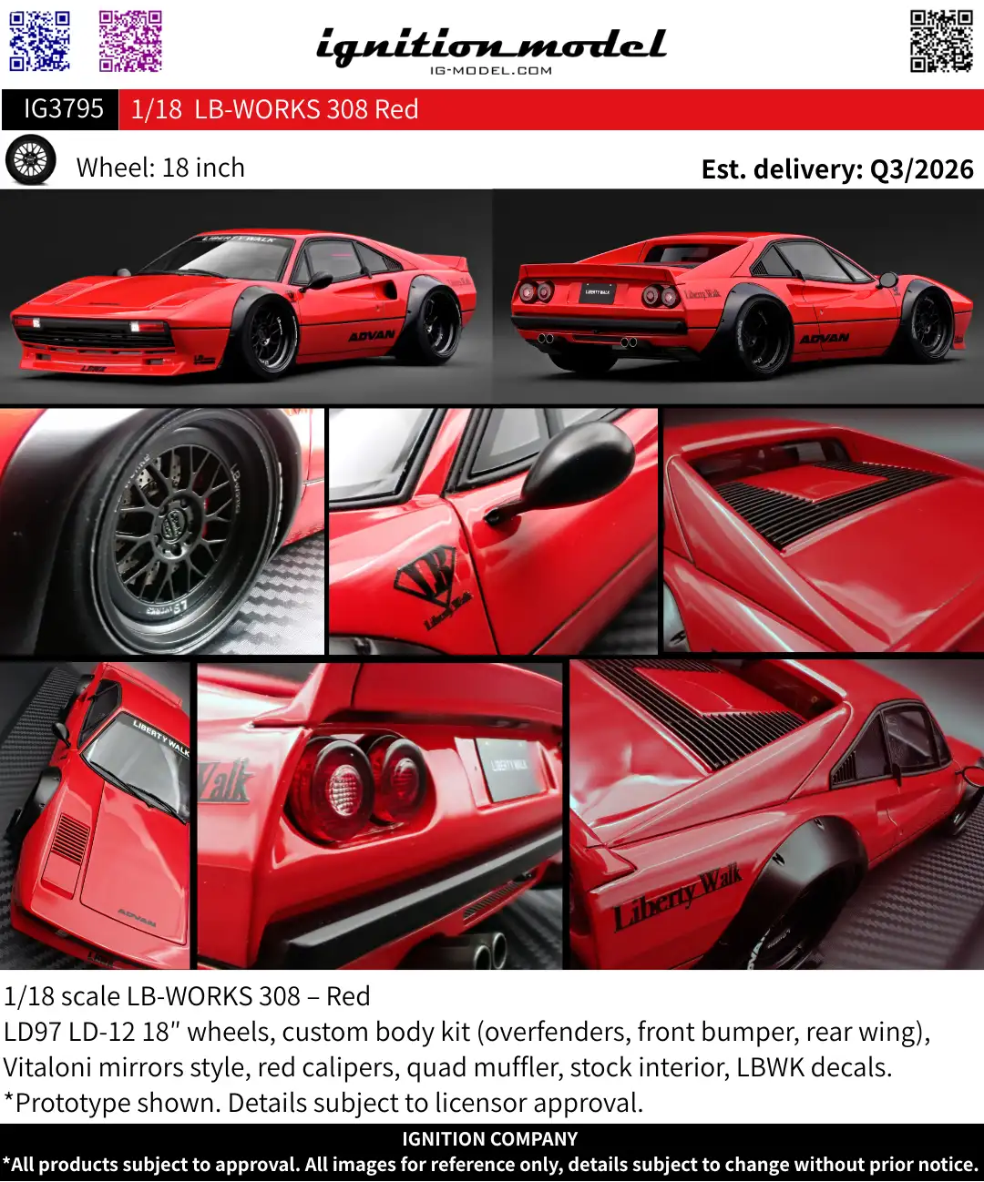 Ignition Model 1:18 LB-WORKS Ferrari 308 Red IG3795