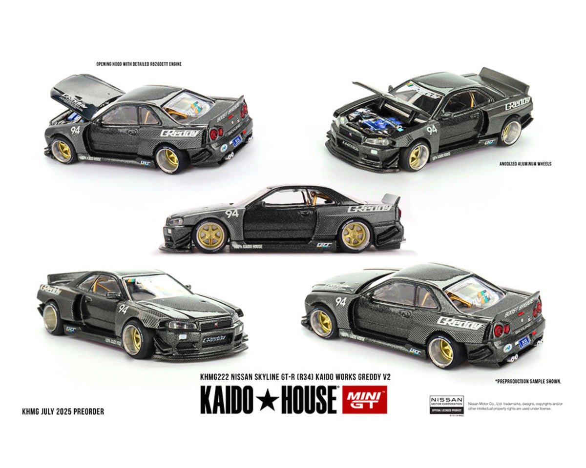 Kaido House x Mini GT 1:64 Nissan Skyline GT-R (R34) Kaido Works GReddy V2 – Black w/ Carbon KHMG222