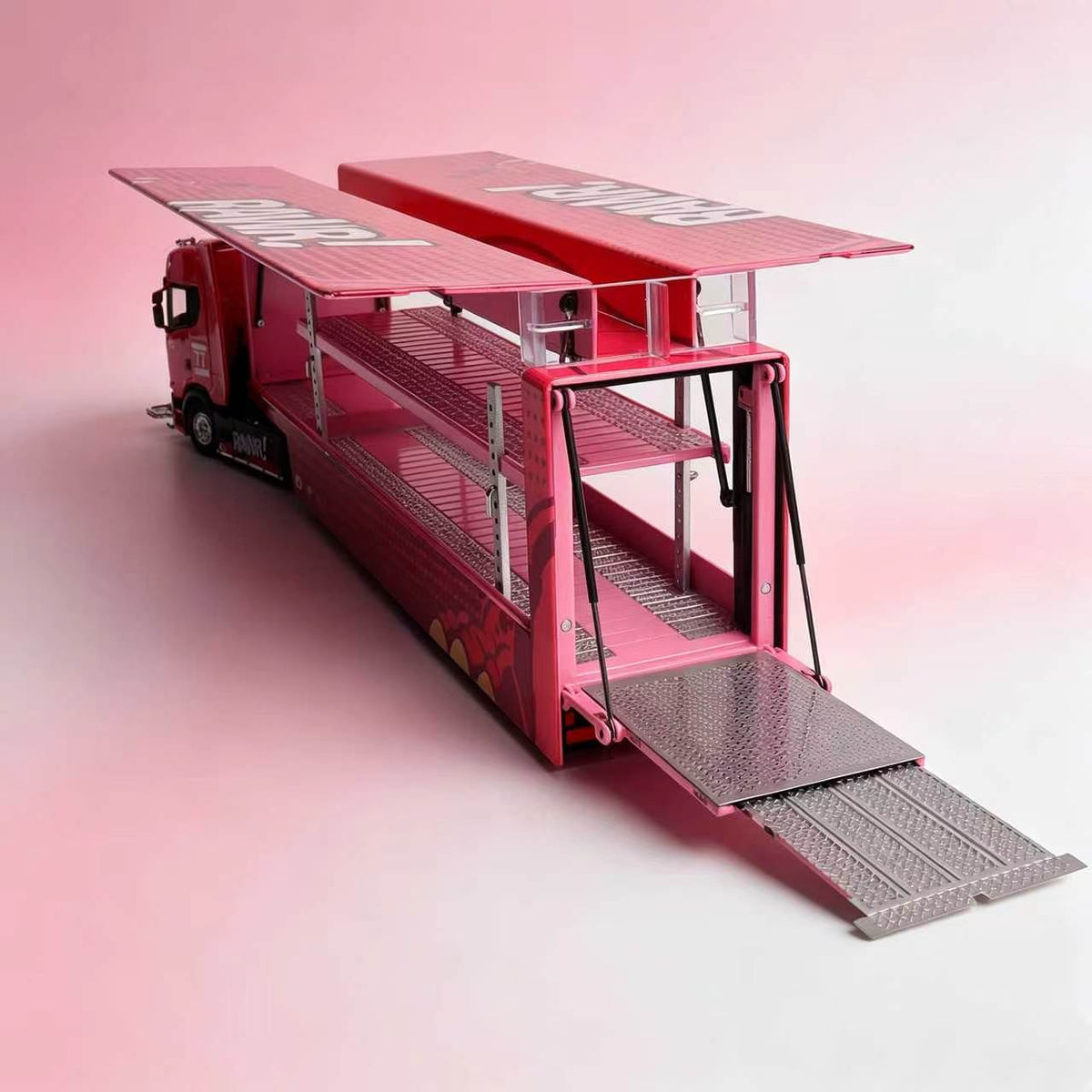 [Preorder] Kengfai & MAXWELL 1:64 Scania S730 v8 Double Deck Enclosed Flying Wing Transporter - Pink Dinosaur