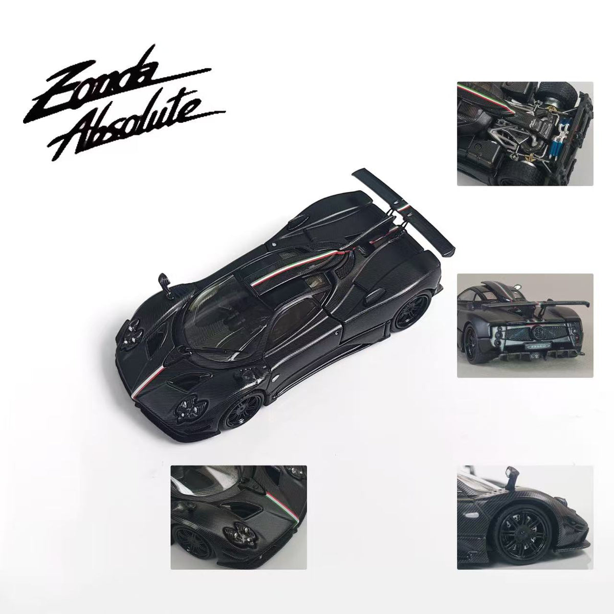 [Preorder] Rhino Model 1:64 Pagani One-off Series. Zonda AbsoIute EVO #76061 (Full Black Matte Carbon Fiber With Italian Tricolor Stripes)