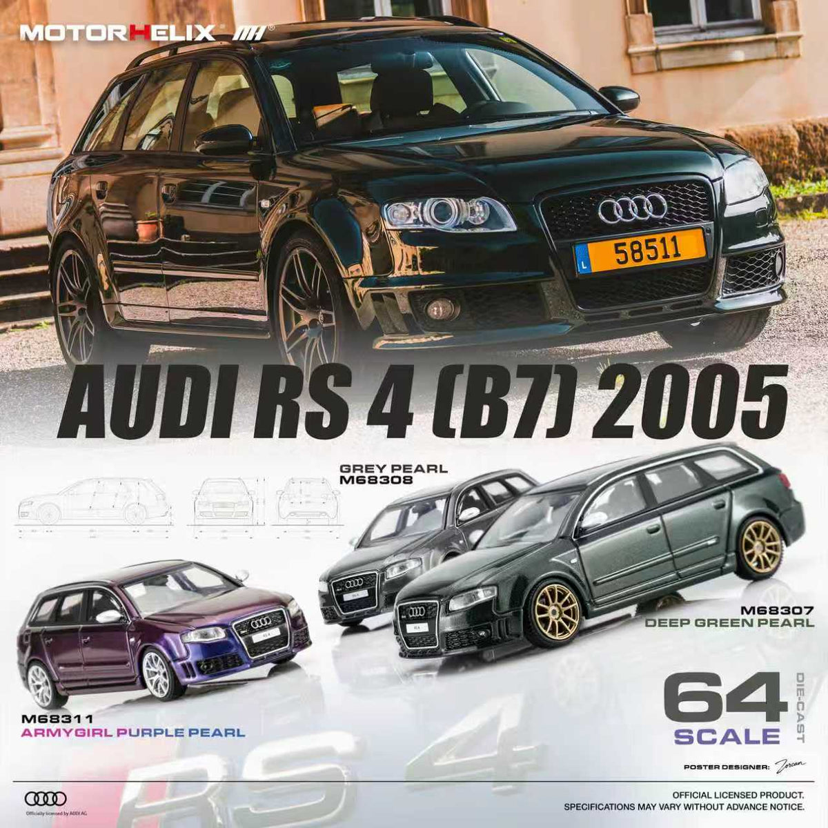 [Preorder] MOTORHELIX 1:64 Audi RS4 (B7) 2005 (3 Colours) M68307 / M68308 / M68311
