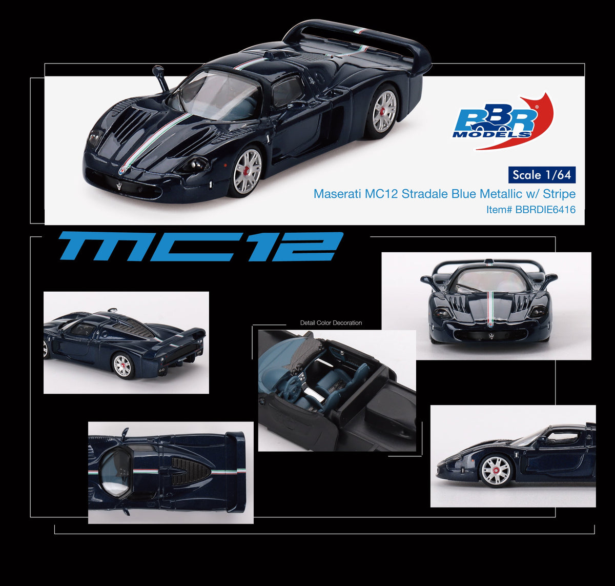 BBR 1:64 Maserati MC12 Stradale Blue Metallic w/ Stripe BBRDIE6416