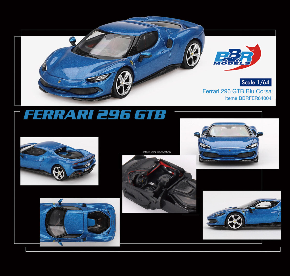 BBR Model 1:64 Ferrari 296 GTB Blu Corsa