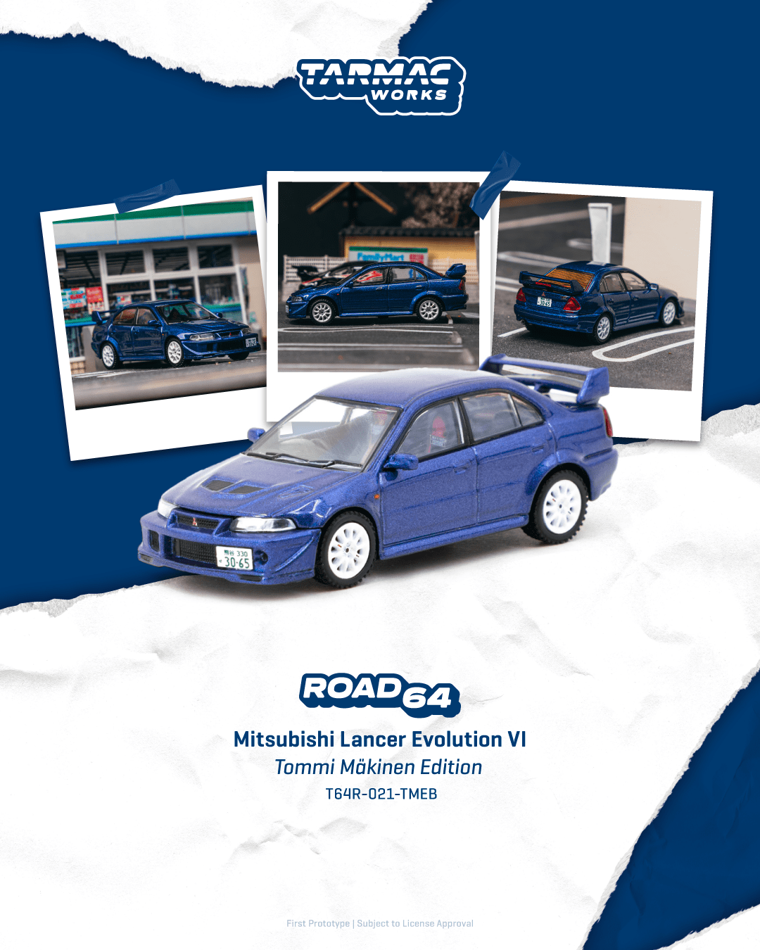 Tarmac Works 1:64 Mitsubishi Lancer Evolution VI Tommi Mäkinen Edition Blue T64R-021-TMEB
