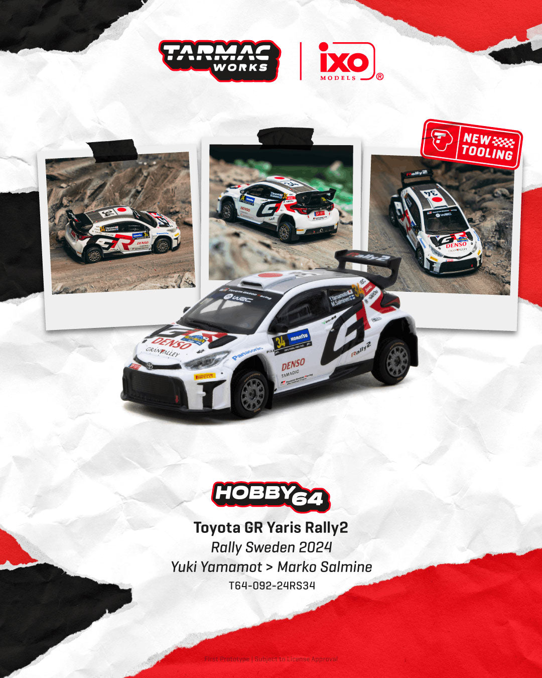 [Preorder] Tarmac Works 1:64 Toyota GR Yaris Rally2 Rally Sweden 2024 Yuki Yamamoto / Marko Salminen – Hobby64 T64-092-24RS34