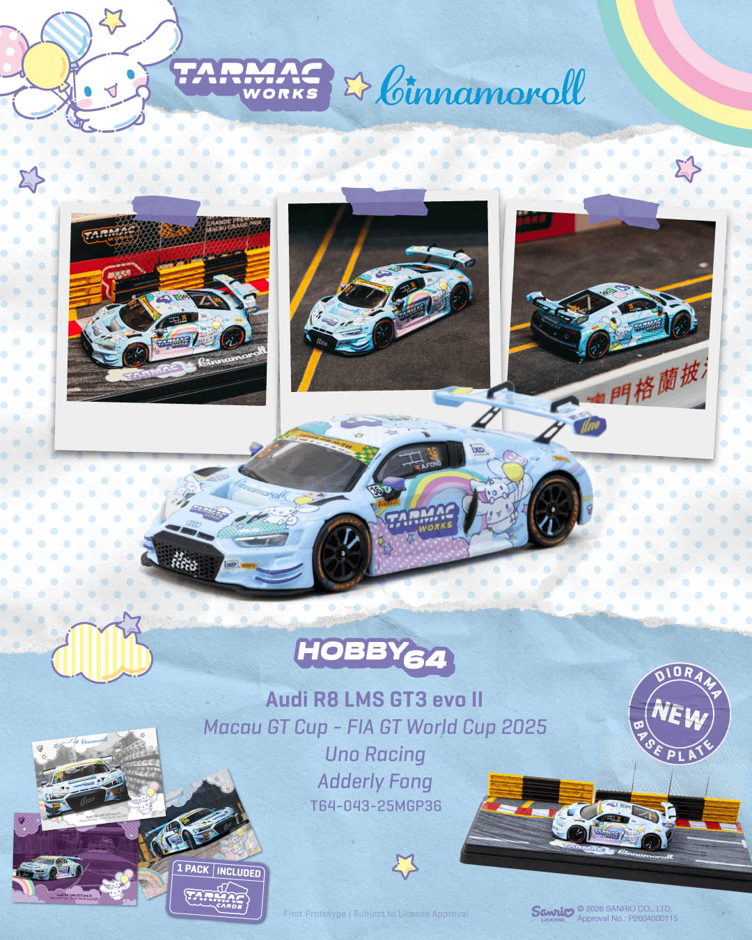 [Preorder] Tarmac Works 1:64 Audi R8 LMS GT3 evo II Macau GT Cup – FIA GT World Cup 2025 Uno Racing Adderly Fong Model Car + Trading Cards Combo Set – Hobby64 T64-043-25MGP36