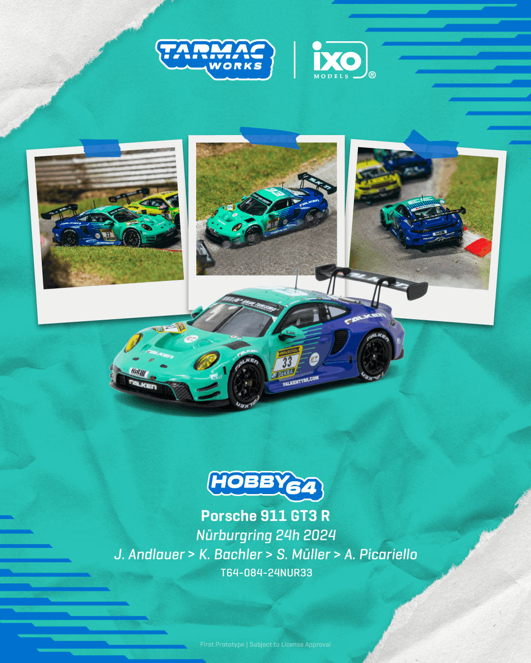 [Preorder] Tarmac Works 1:64 Porsche 911 GT3 R Nürburgring 24h 2024 Julien Andlauer / Klaus Bachler / Sven Müller / Alessio Picariello- Hobby64 T64-084-24NUR33