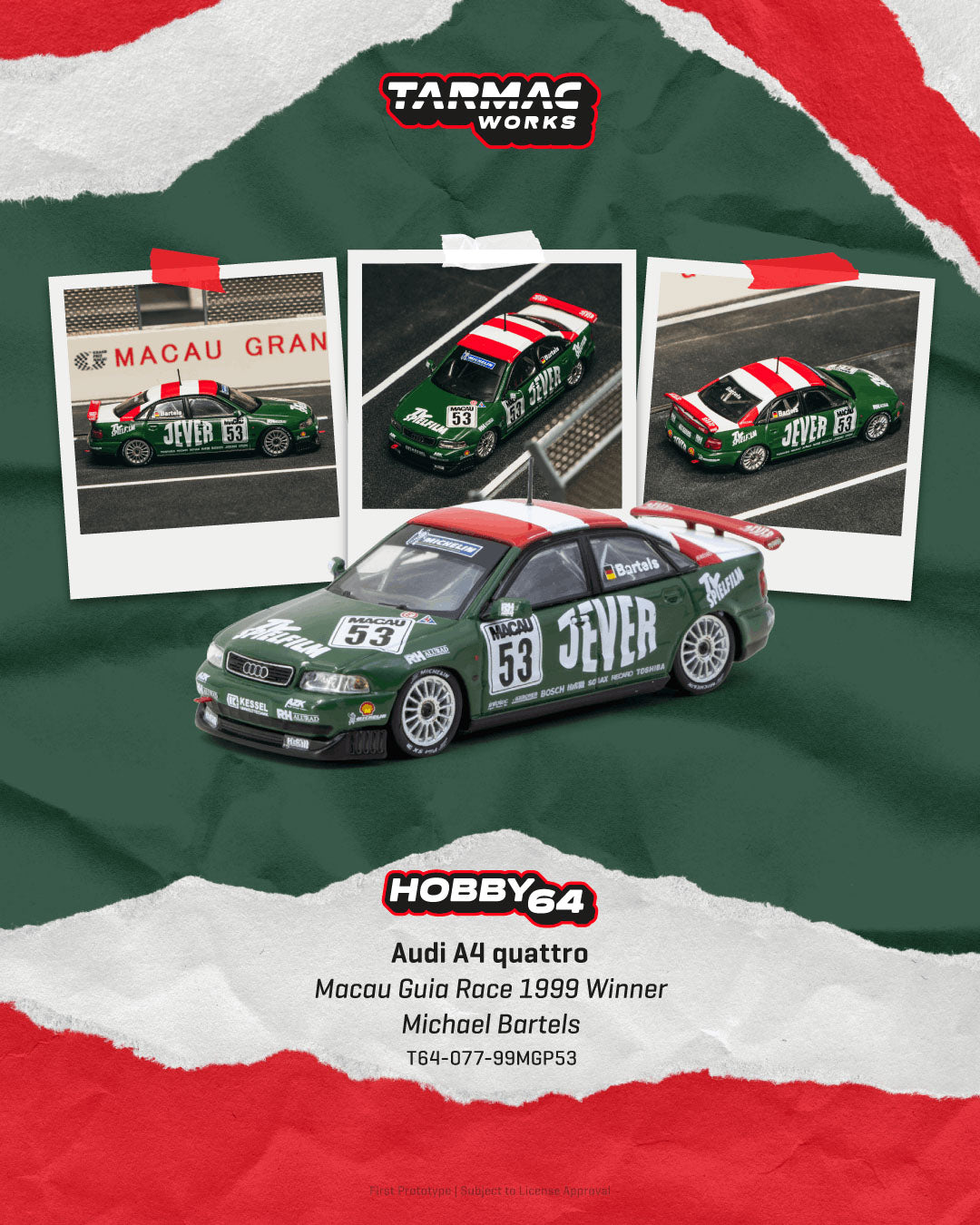 [Preorder] Tarmac Works 1:64 Audi A4 quattro Macau Guia Race 1999 Winner Michael Bartels – Hobby64 T64-077-99MGP53