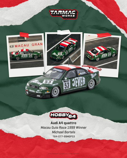 [Preorder] Tarmac Works 1:64 Audi A4 quattro Macau Guia Race 1999 Winner Michael Bartels – Hobby64 T64-077-99MGP53