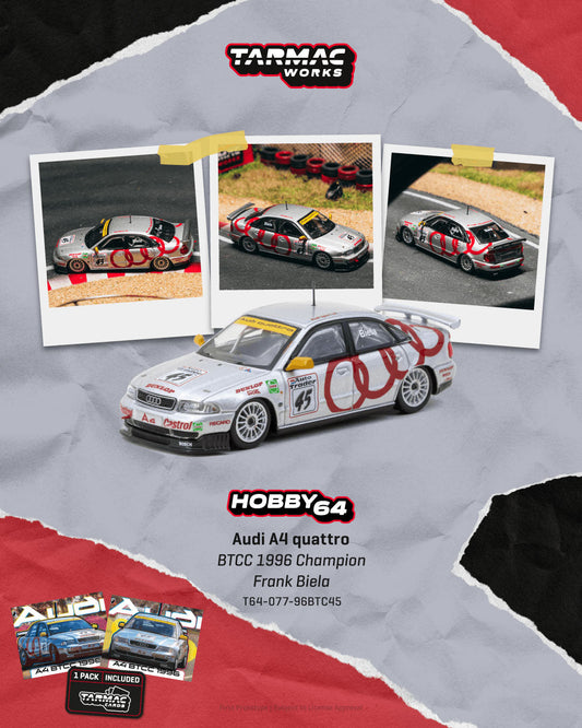 [Preorder] Tarmac Works 1:64 Audi A4 quattro BTCC 1996 Champion Frank Biela Model Car + Trading Cards Combo Set – Hobby64 T64-077-96BTC45