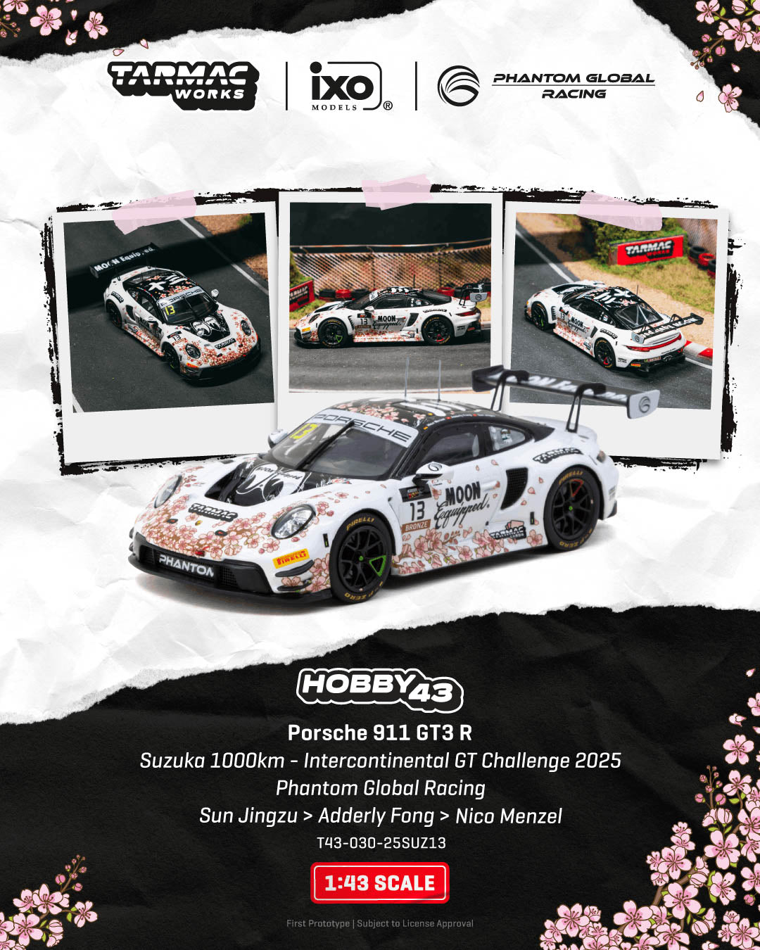 [Preorder] Tarmac Works 1:43 Porsche 911 GT3 R Suzuka 1000km – Intercontinental GT Challenge 2025 Phantom Global Racing T43-030-25SUZ13
