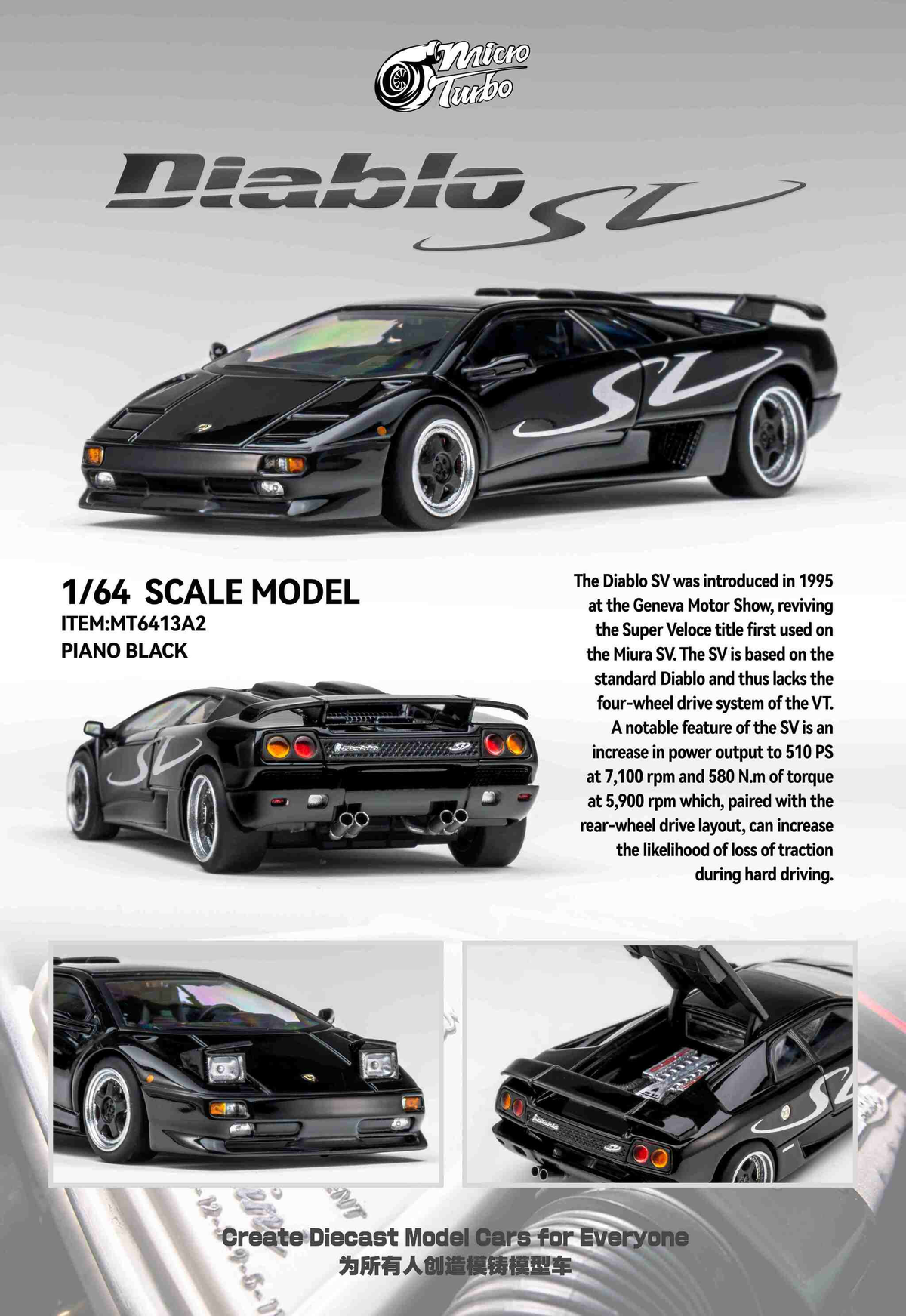 [Preorder] Microturbo 1:64 Lamborghini Custom Diablo SV - Metallic Black MT6413A2