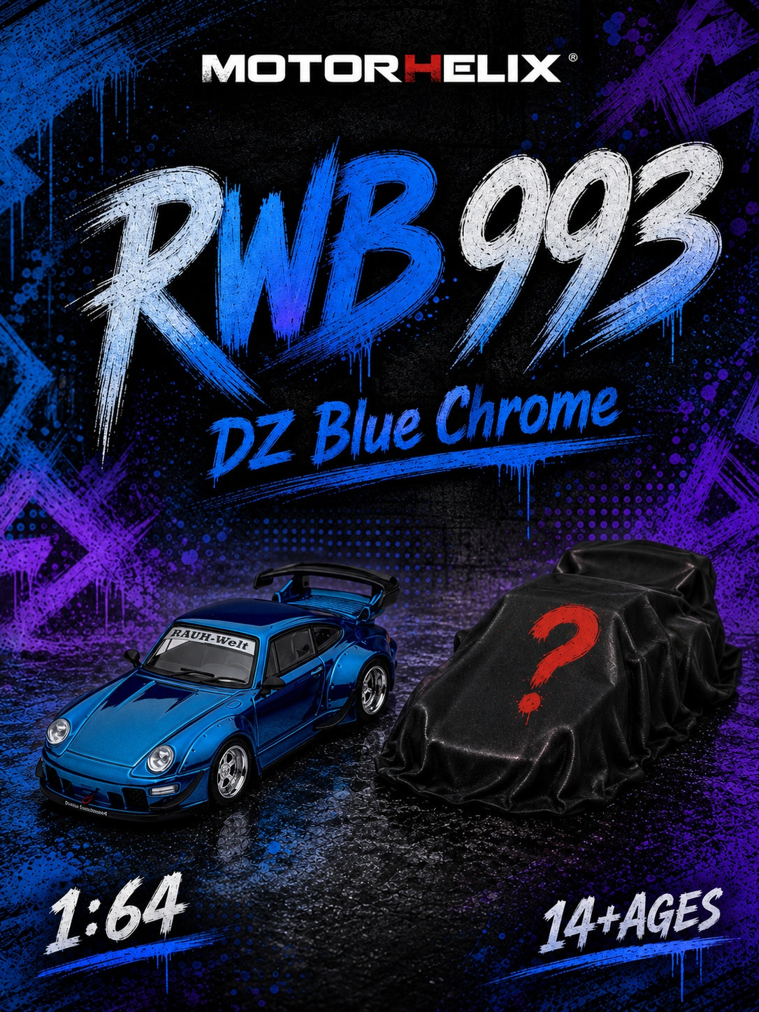 MOTORHELIX 1:64 Porsche RWB 993 Chrome Blue M62211DZ-YJ
