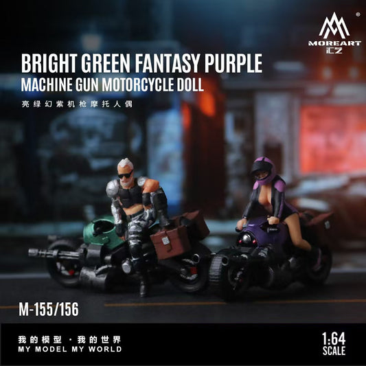 MoreArt 1:64 BRIGHT GREEN FANTASY PURPLE MACHINE GUN MOTORCYCLE DOLL MO222155 MO222156
