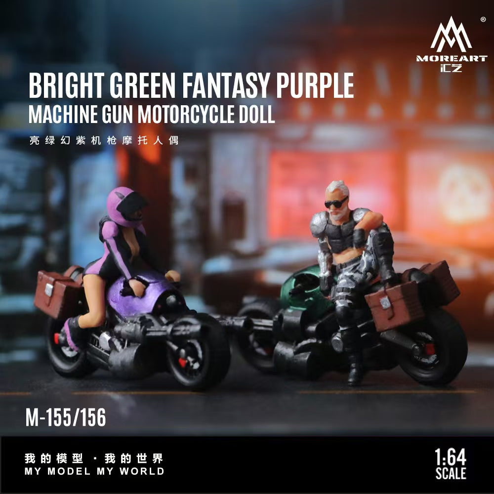 MoreArt 1:64 BRIGHT GREEN FANTASY PURPLE MACHINE GUN MOTORCYCLE DOLL MO222155 MO222156