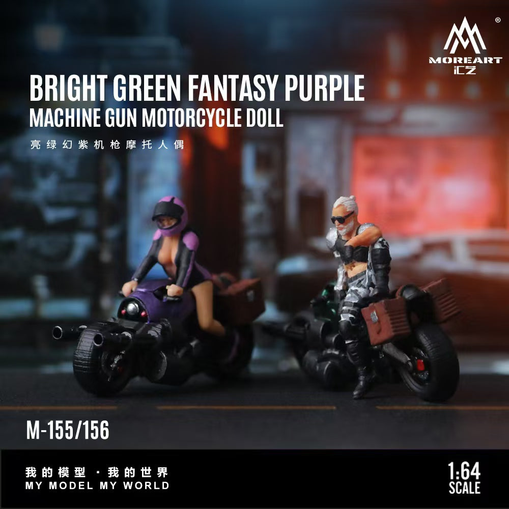MoreArt 1:64 BRIGHT GREEN FANTASY PURPLE MACHINE GUN MOTORCYCLE DOLL MO222155 MO222156