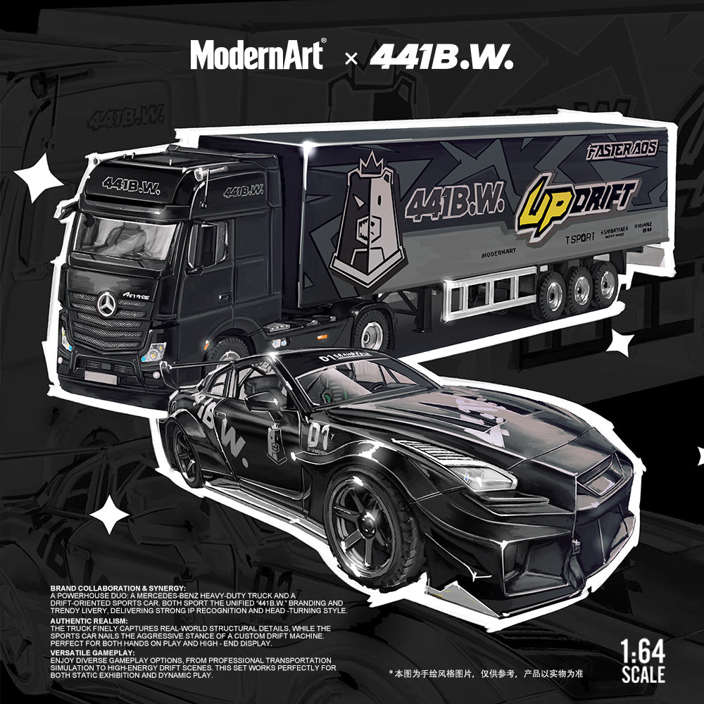 ModernArt 1:64 Nissan GTR35 & Mercedes Actros Truck set (2 Versions) MD641530/MD641531