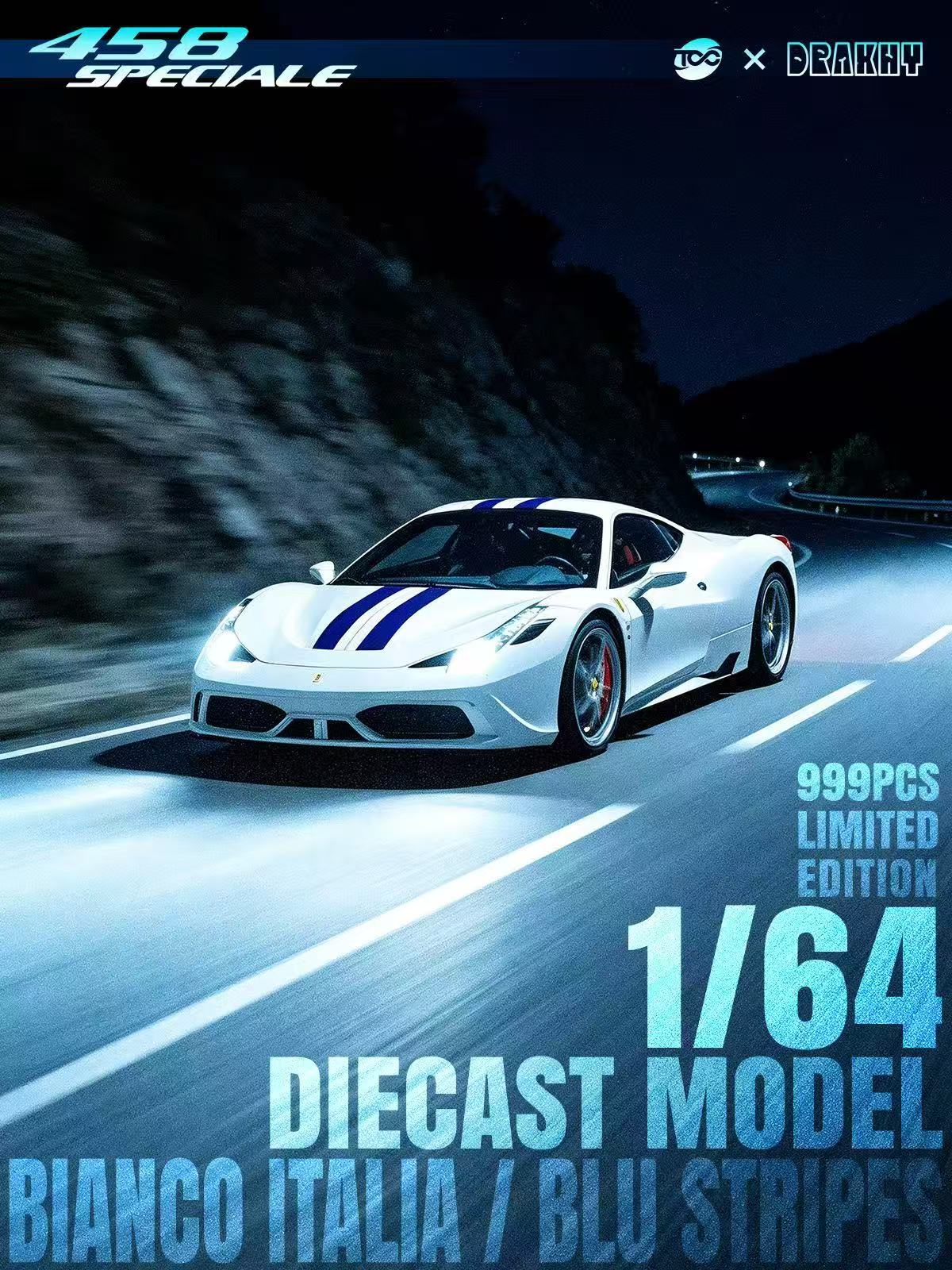 [Preorder] TOC x Drakhy 1:64 Ferrari 458 Speciale BIANCO ITALIA/BLU STRIPES