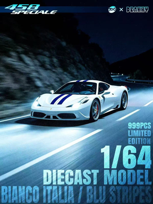 [Preorder] TOC x Drakhy 1:64 Ferrari 458 Speciale BIANCO ITALIA/BLU STRIPES