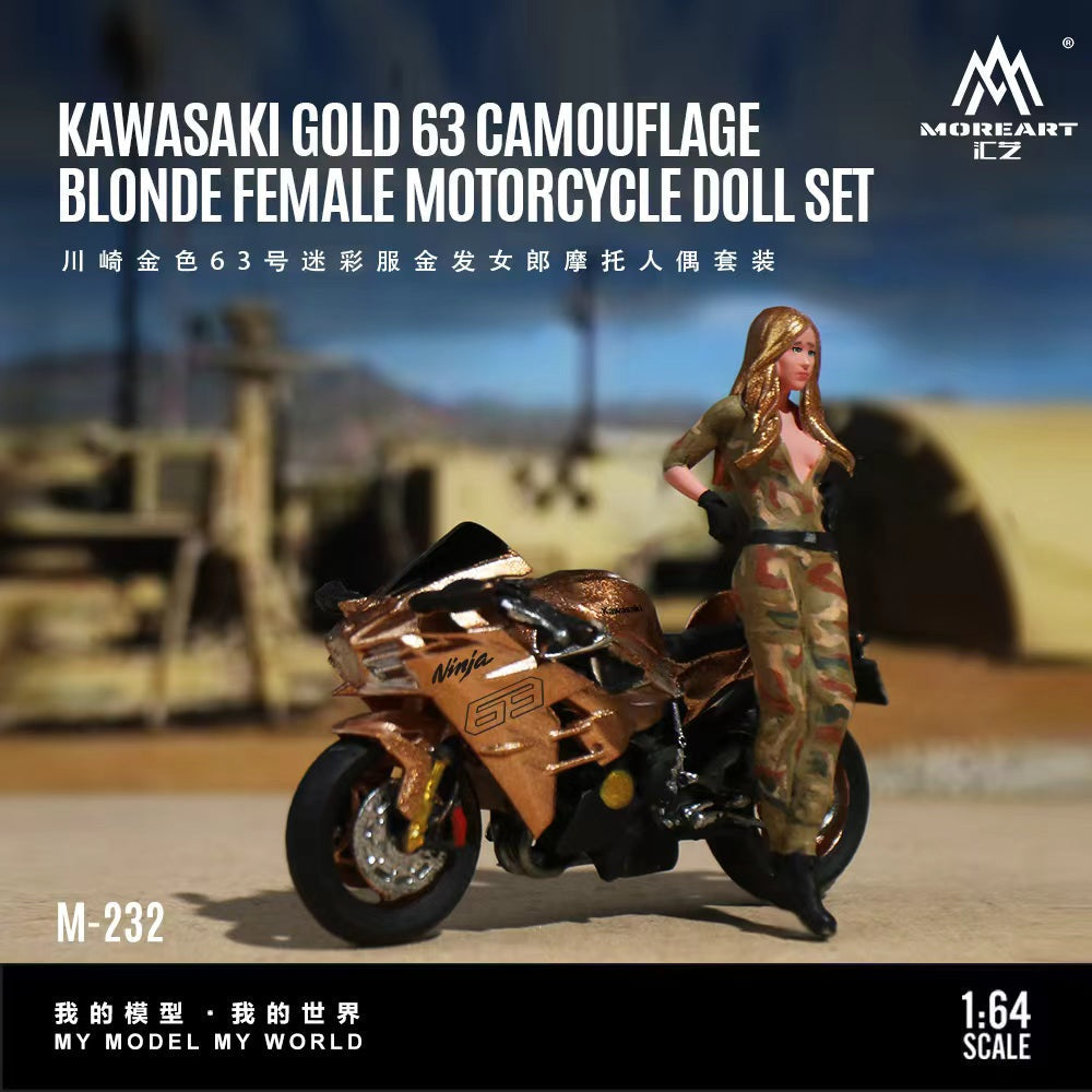 MoreArt 1:64 Kawasaki Golden 63 camouflage outfit for blonde female motorcycle figurine set MO222232