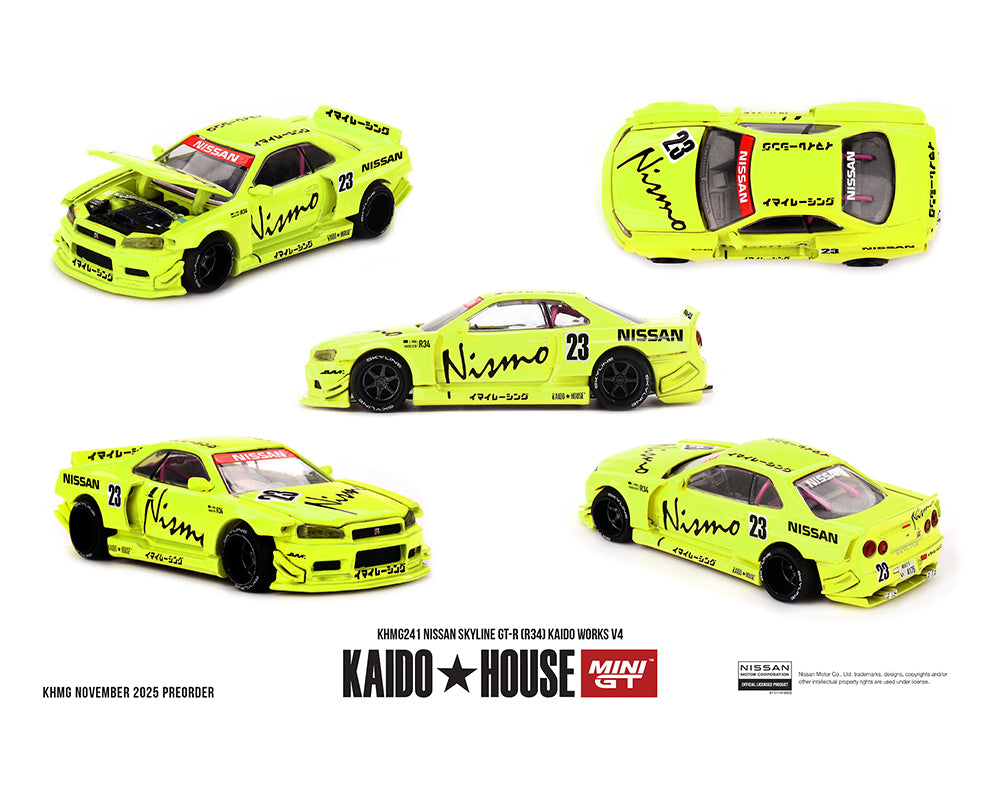 [Preorder] Kaido House x Mini GT Nissan Skyline GT-R (R34) Kaido Works V4 – Yellow KHMG241