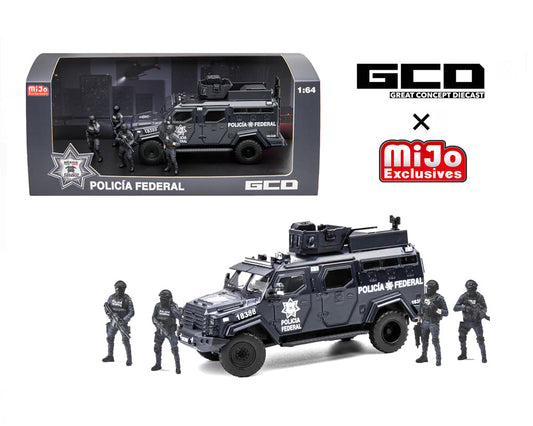 [Preorder] GCD 1:64 Mexico Policía Federal Tactical Armor Vehicle Car Set with 4 Figures KS-054-764