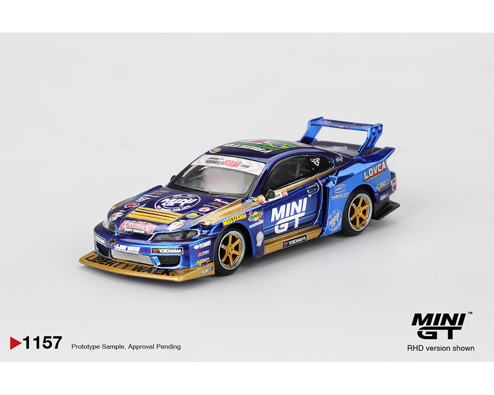 Mini GT 1:64 Nissan LB-Super Silhouette S15 SILVIA #555 Team MINI GT Liberty Walk 2025 Formula Drift – Chrome Blue MGT01157-BL