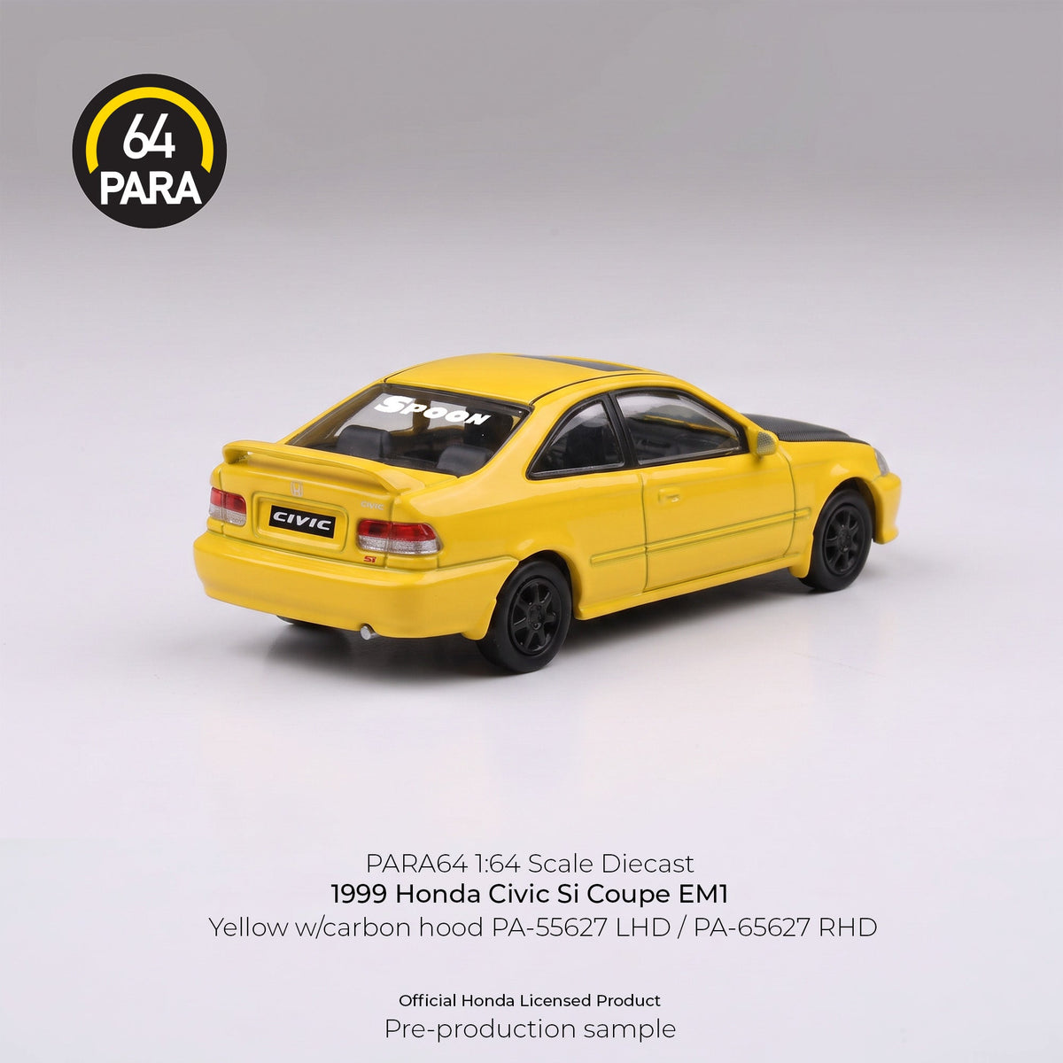 [Preorder] PARA64 1:64 1999 Honda Civic Si Coupe EM1 Yellow w/Carbon hood LHD PA-55627