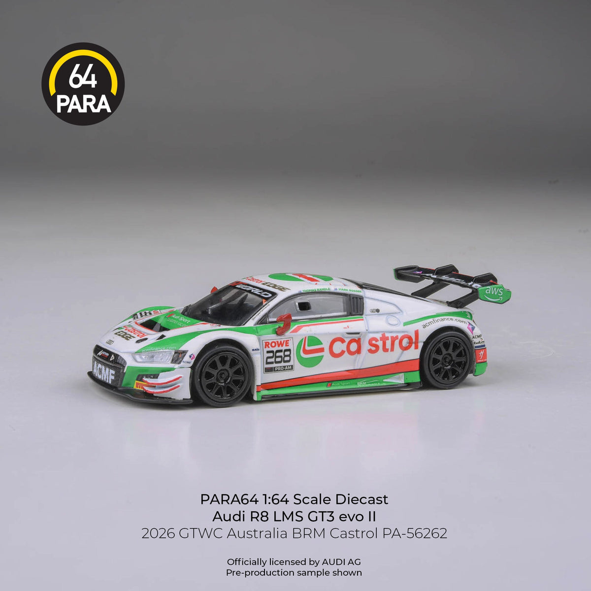 [Preorder] PARA64 1:64 Audi R8 LMS GT3 evo II 2026 GTWC Australia BRM Castrol LHD PA-56262
