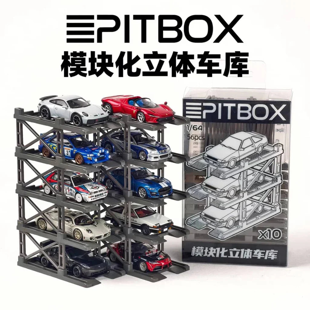 PITBOX 1:64 10-Bay Parking Rack (Grey) with car holder R1001