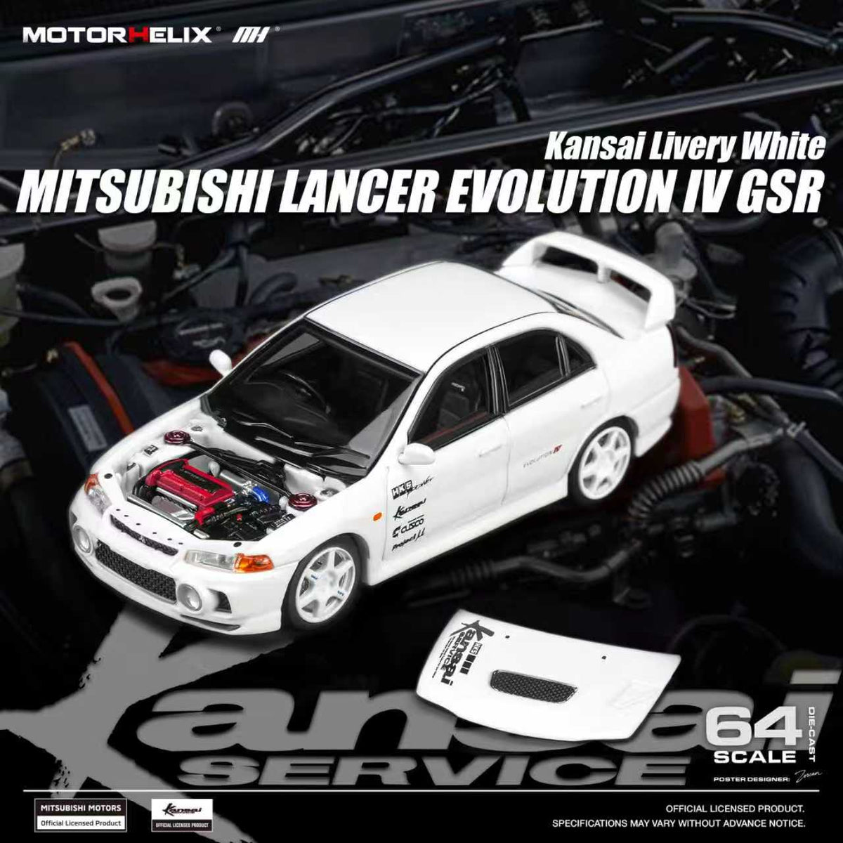 [Preorder] MOTORHELIX 1:64 Mitsubishi Lancer Evolution IV GSR Kansai Livery White M64025