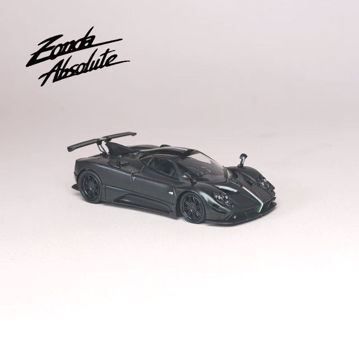 [Preorder] Rhino Model 1:64 Pagani One-off Series. Zonda AbsoIute EVO #76061 (Full Black Matte Carbon Fiber With Italian Tricolor Stripes)