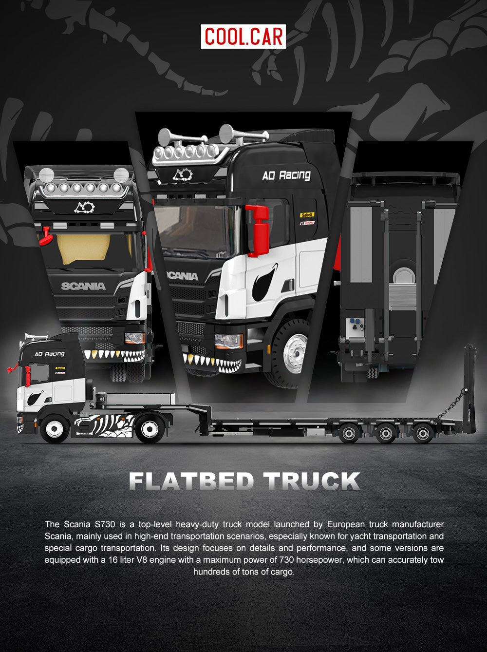 [Preorder] Cool Car 1:64 Scania flatbed trailer Skeleton Rexy Livery CC647505