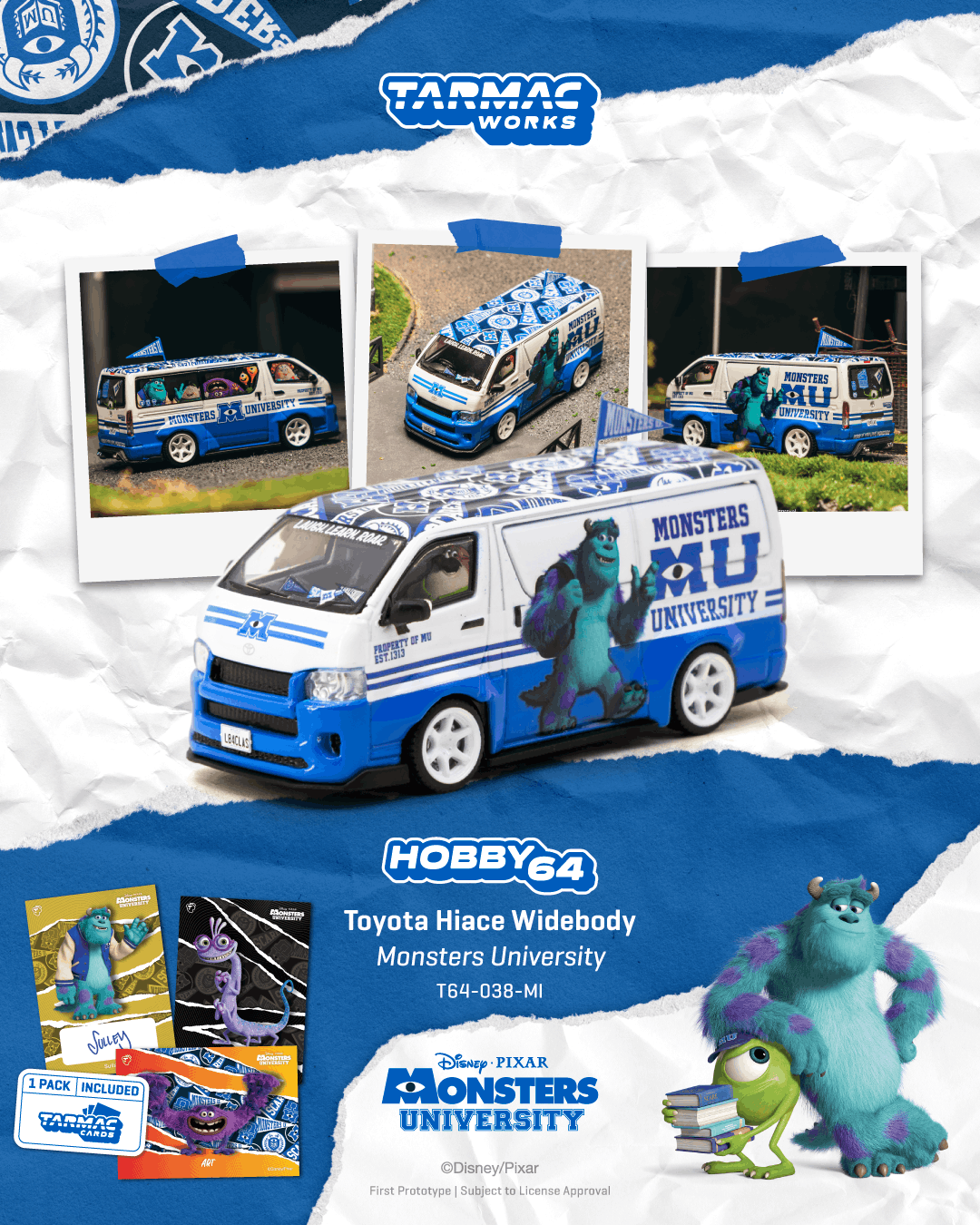 [Preorder] Tarmac Works 1:64 Toyota Hiace Widebody Monsters University Model Car + Tarmac Cards Combo Set T64-038-MI