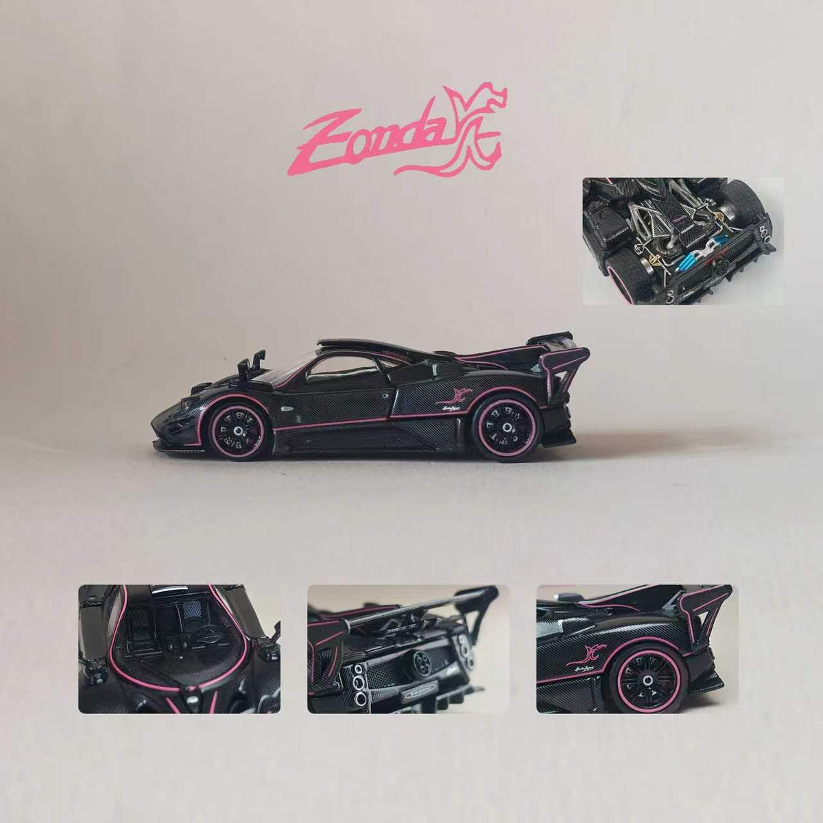 [Preorder] Rhino Model 1:64 Pagani One-off Series. Zonda JC (Full Black Carbon Fiber With Pink Stripes)