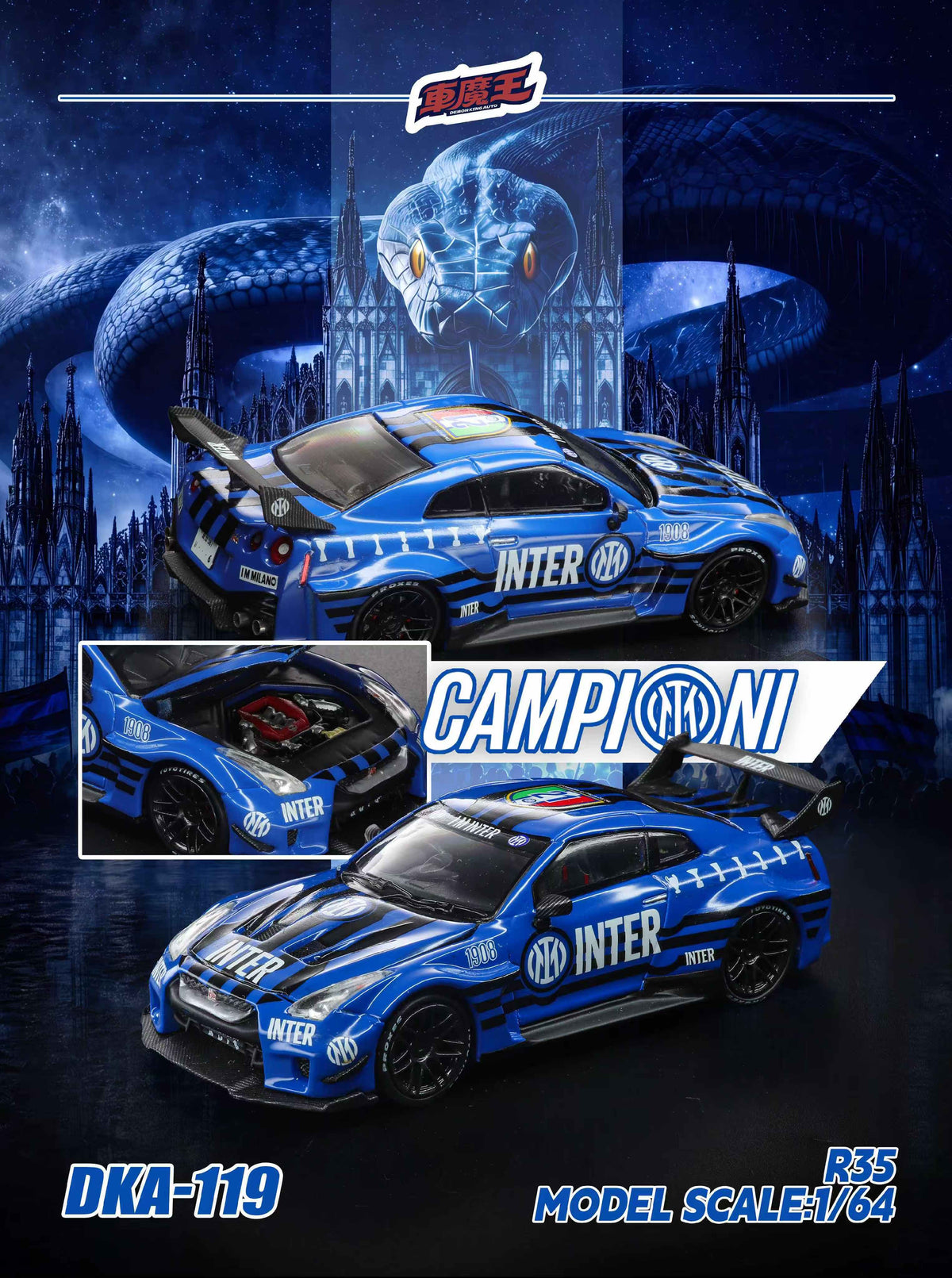 [Preorder] DEMON KING AUTO 1:64 Nissan GTR R35 Inter Milan's 21st Title Livery DKA-119