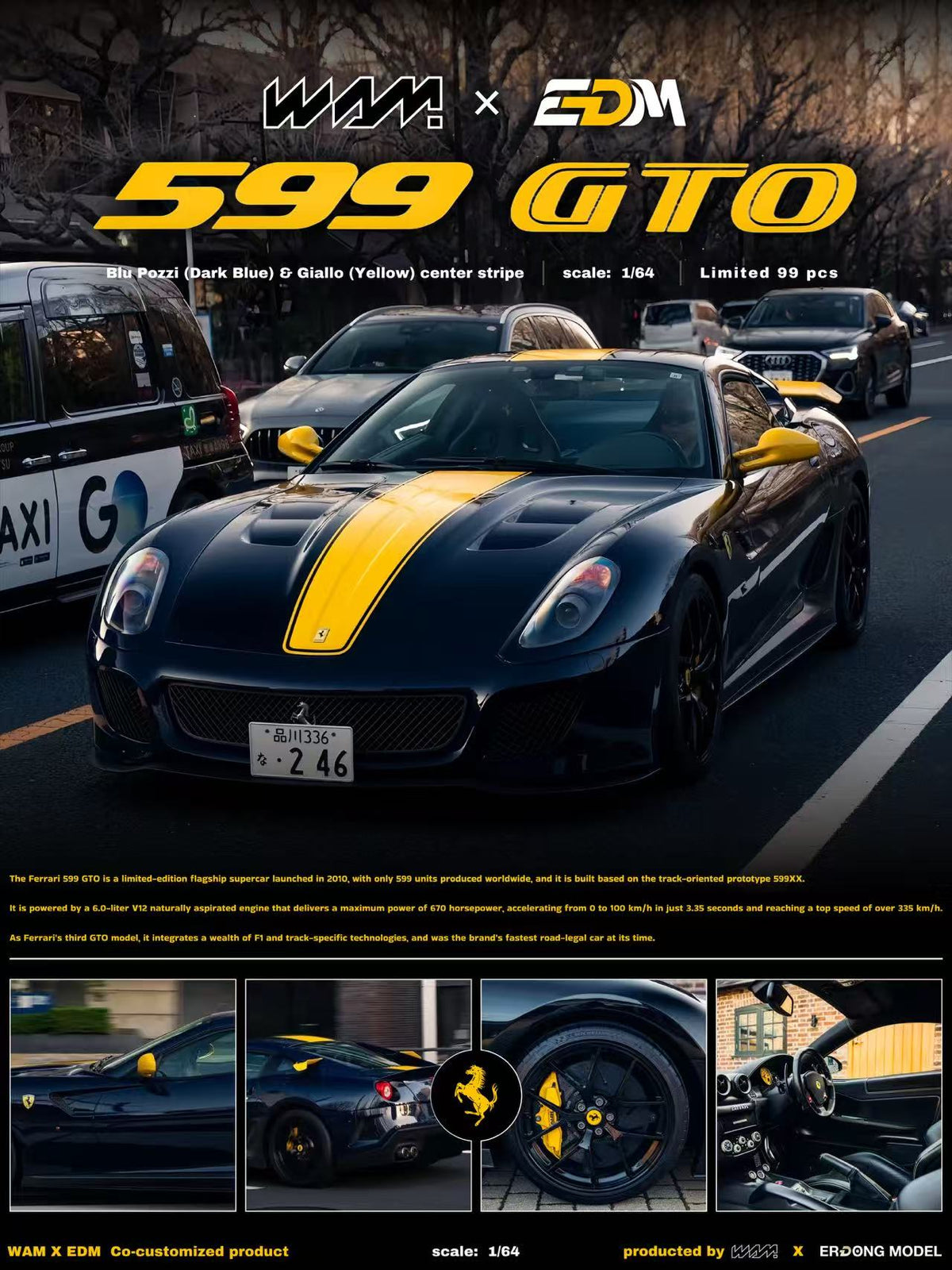 [Preorder] WAM X EDM 1:64 Ferrari 599GTO Dark Blue Yellow Center Stripe