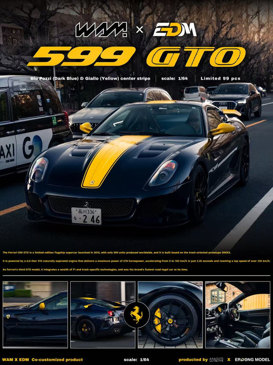 [Preorder] WAM X EDM 1:64 Ferrari 599GTO Dark Blue Yellow Center Stripe