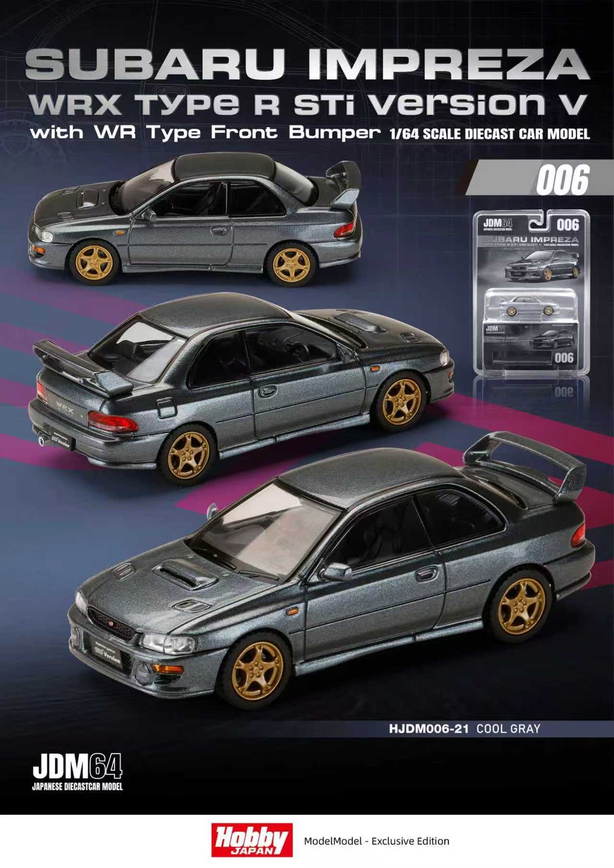Hobby Japan 1:64 Subaru Impreza WRX type R Sti Version with WR Type Front Bumper (2 Colours) HJDM006-20/HJDM006-21