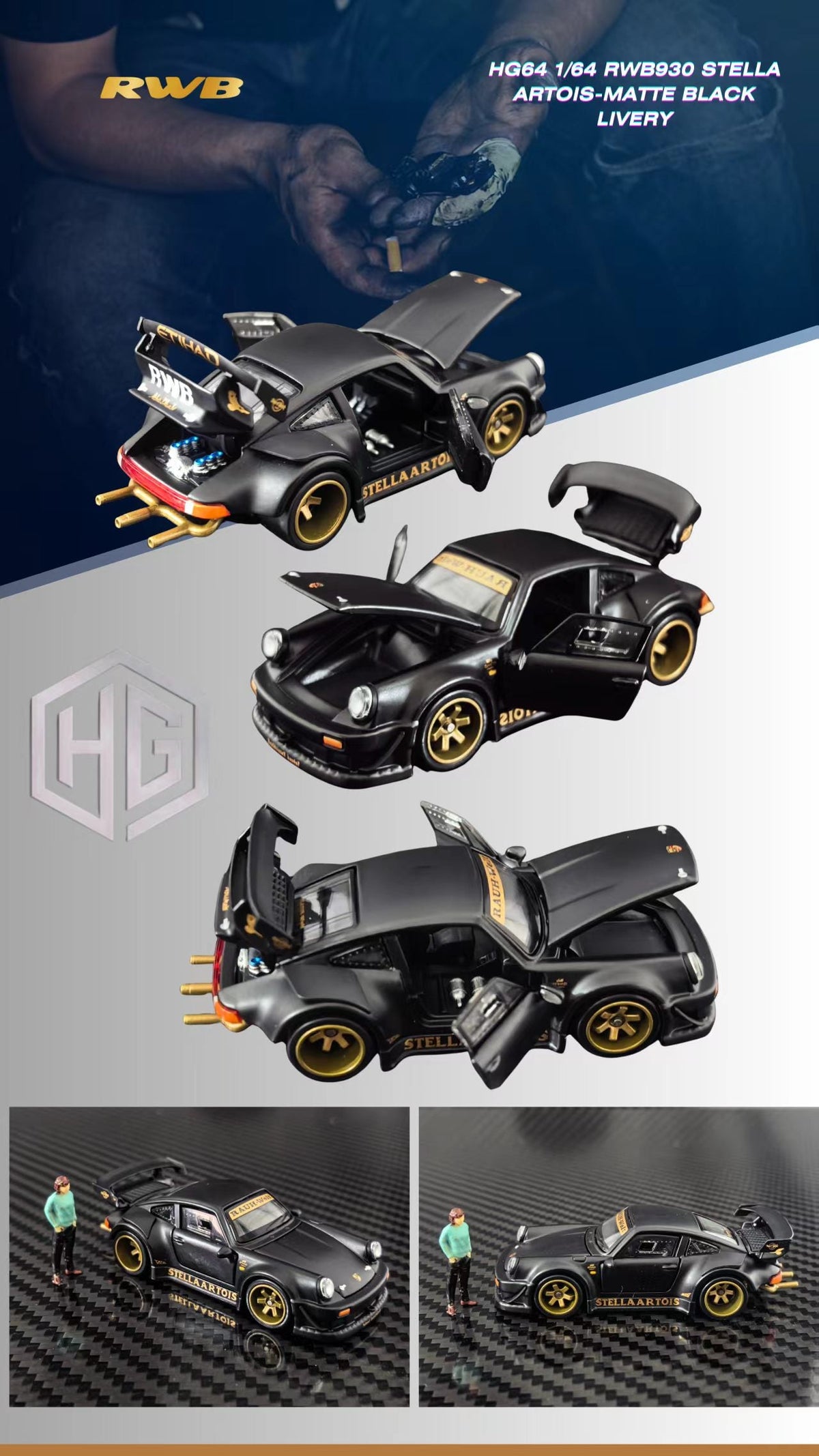 [Preorder] HG Model 1:64 Porsche RWB930 STELLA ARTOIS-Matte Black Livery
