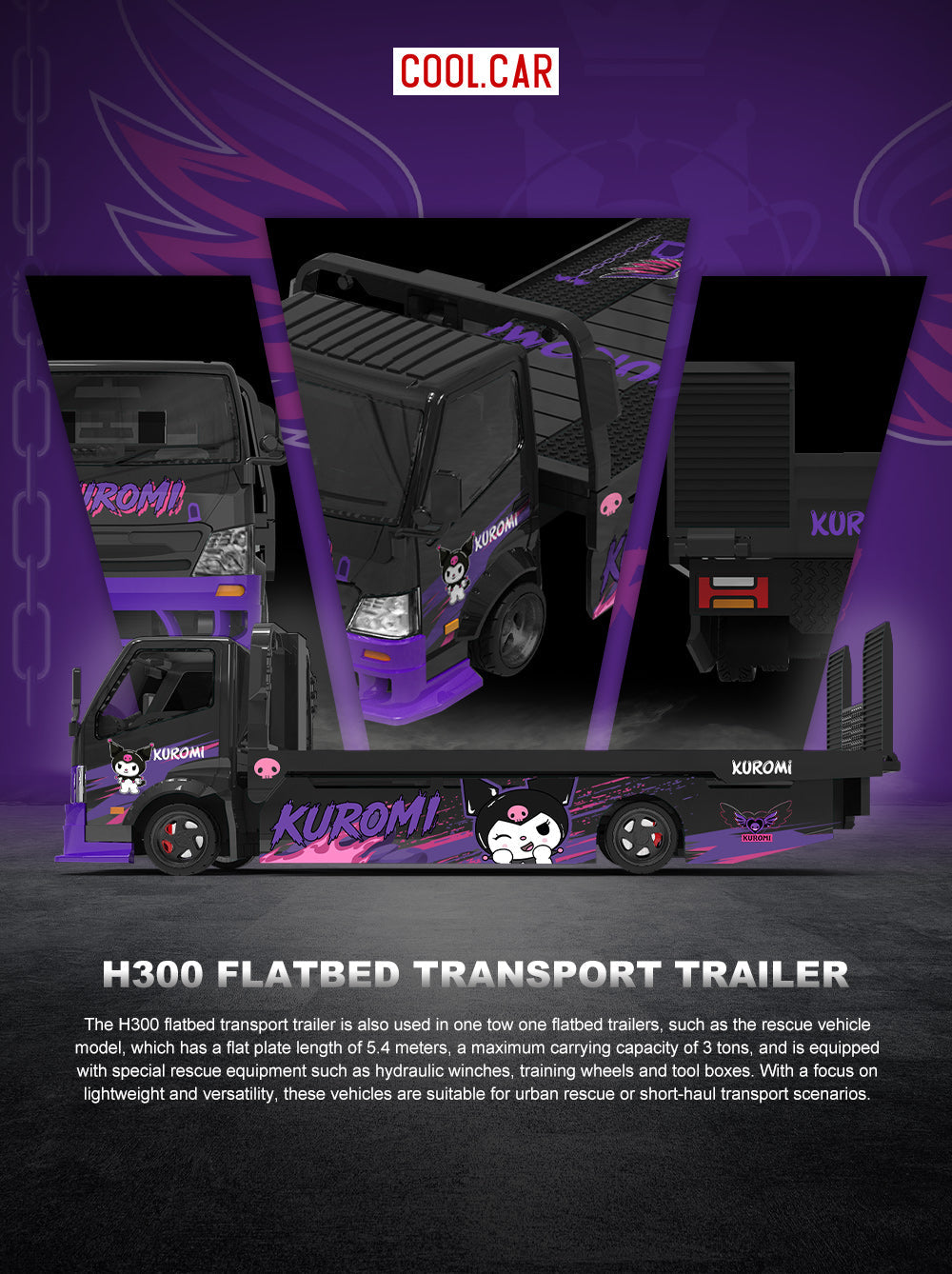 [Preorder] Cool Car 1:64 H300 FLATBED TRANSPORT TRAILER Kuromi Purple CC647240