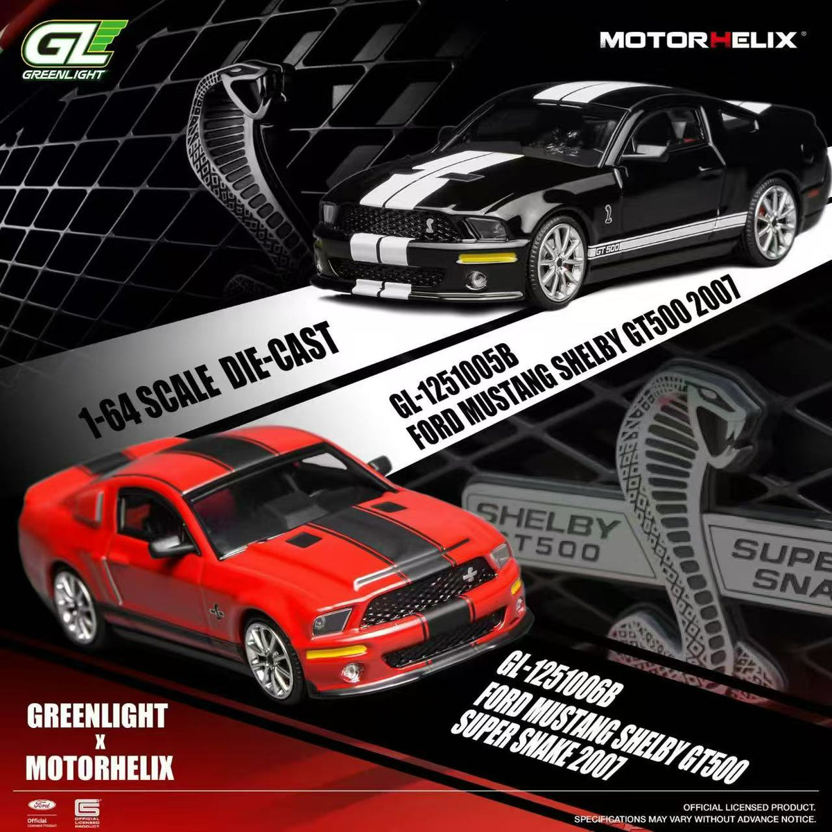 MOTORHELIX x Greenlight 1:64 Ford Mustang Shelby GT500 Super Snake 2007  (2 Colours)