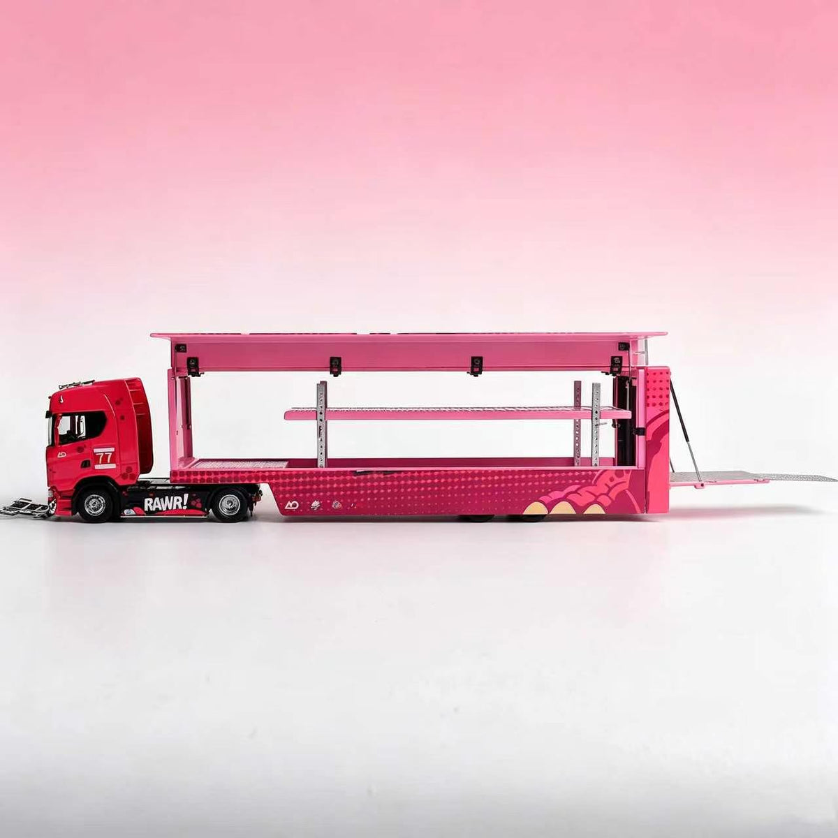 [Preorder] Kengfai & MAXWELL 1:64 Scania S730 v8 Double Deck Enclosed Flying Wing Transporter - Pink Dinosaur