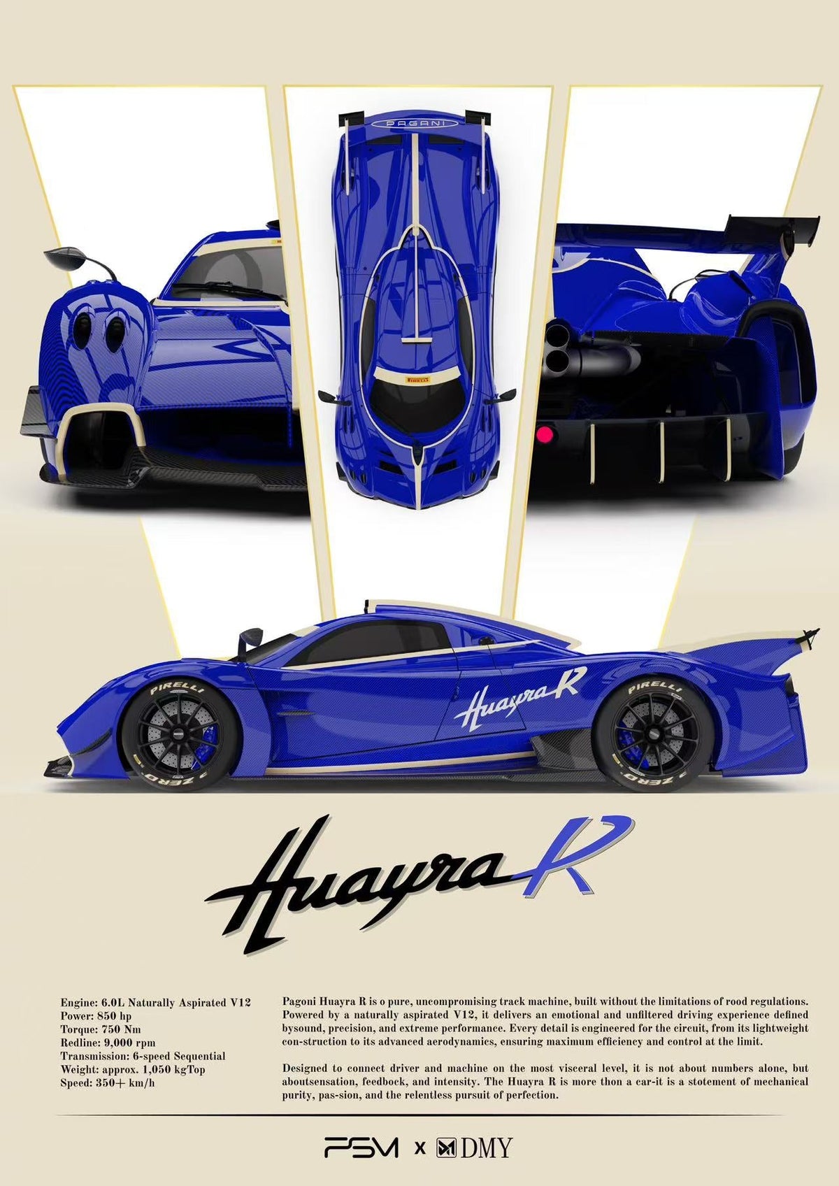 [Preorder] PSM & DMY 1:64 Huayra R "Sea Salt" Blue Full Carbon
