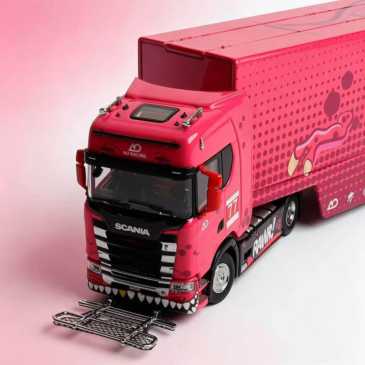 [Preorder] Kengfai & MAXWELL 1:64 Scania S730 v8 Double Deck Enclosed Flying Wing Transporter - Pink Dinosaur