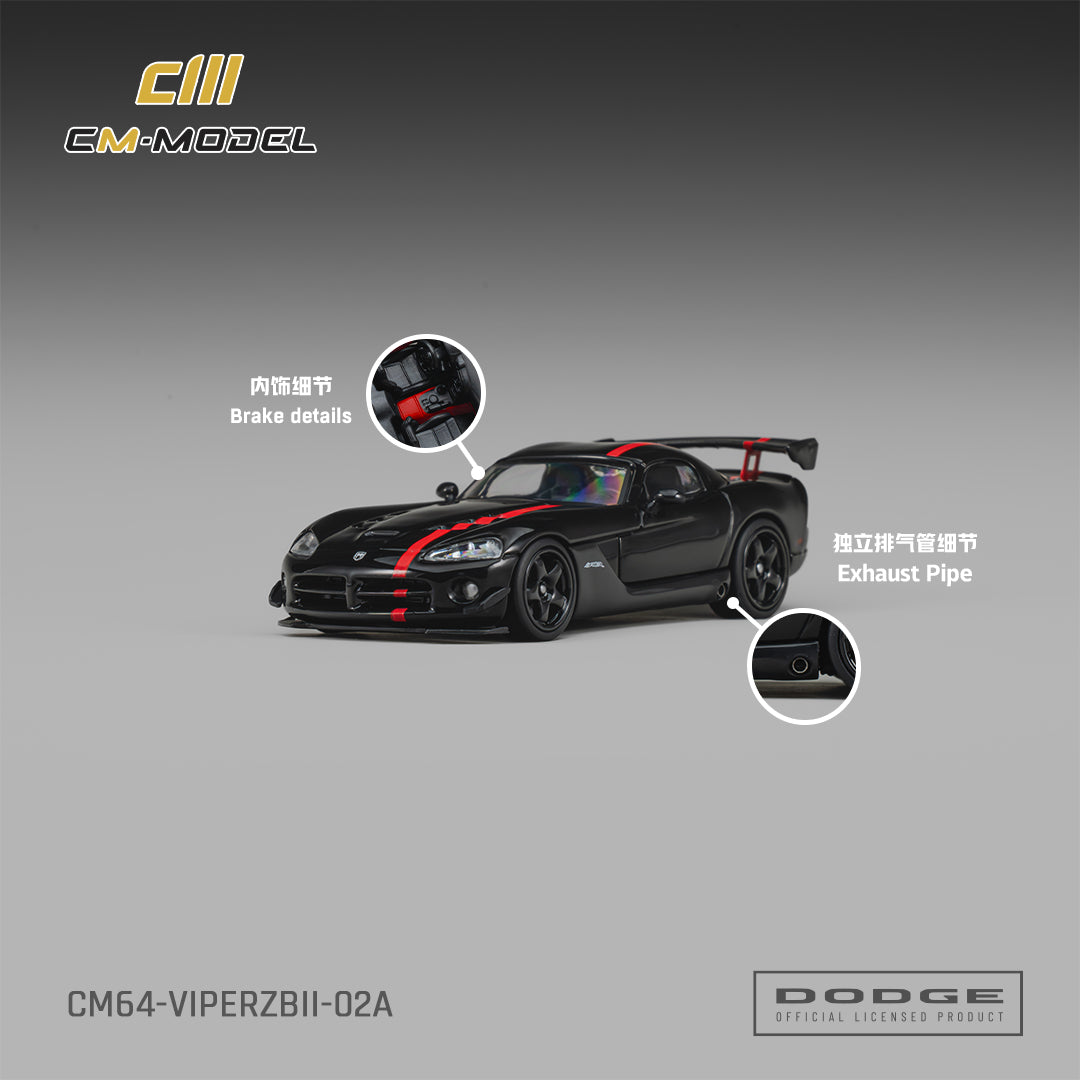 [Preorder] CM Model 1:64 Dodge Viper (ZBI) Viper Black with Viper Red Racing Stripes CM64-ViperZBII-02A