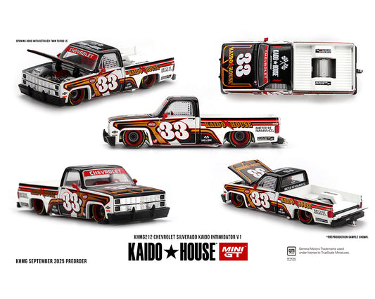 Kaido House x Mini GT 1:64 Chevrolet Silverado KAIDO Intimidator V1 – White w/ Brown Two-tone KHMG212