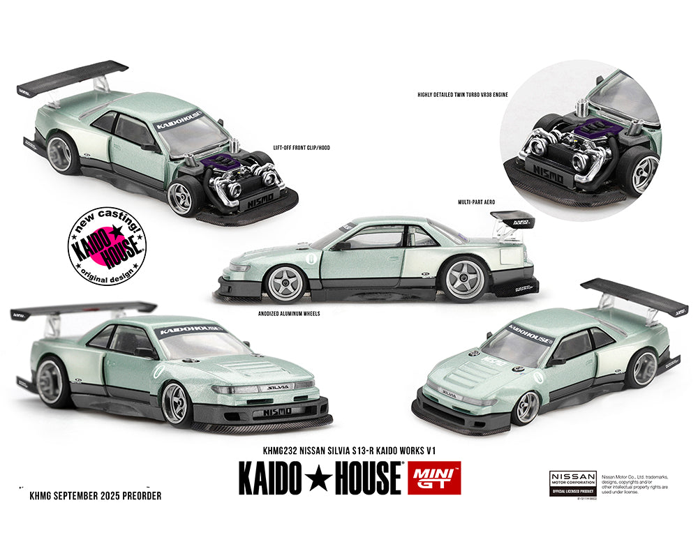Kaido House x Mini GT 1:64 Nissan Silvia S13-R KAIDO WORKS V1 – Sea Foam Green KHMG232