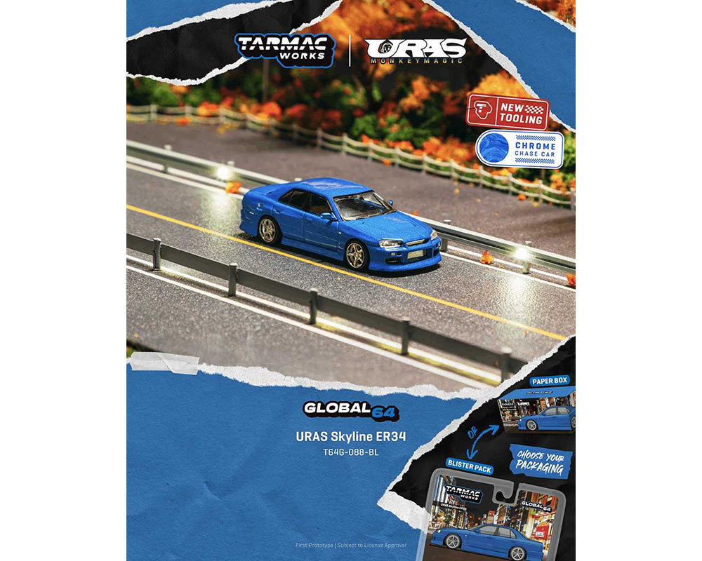 [Preorder] Tarmac Works 1:64 URAS Skyline ER34 – Blue T64G-088-BL-B